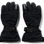 Spyder Girls Synthesis Ski Gloves 2024 - Black gloves with white Spyder logo on left cuff and black strap with silver buckle on right wrist.