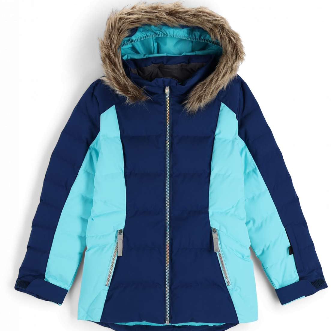 Spyder Girls Zadie Synthetic Down Jacket 2023 - A navy blue and light teal jacket with a fur-lined hood, featuring two zippered pockets on either side.