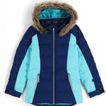Spyder Girls Zadie Synthetic Down Jacket 2023 - A navy blue and light teal jacket with a fur-lined hood, featuring two zippered pockets on either side.