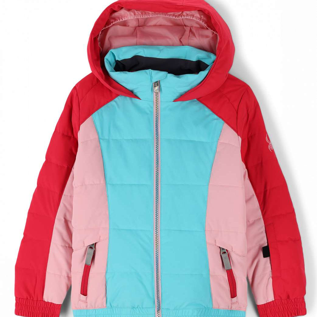 Spyder Girls Zadie Synthetic Down Jacket 2023 - A pastel pink and light blue down jacket with a hood, featuring a zipper closure and two zippered pockets on either side.