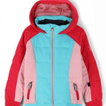 Spyder Girls Zadie Synthetic Down Jacket 2023 - A pastel pink and light blue down jacket with a hood, featuring a zipper closure and two zippered pockets on either side.