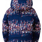 Spyder Girls Zadie Synthetic Down Jacket 2023 - A navy blue jacket with a multicolored abstract pattern of red, white, and yellow dots.