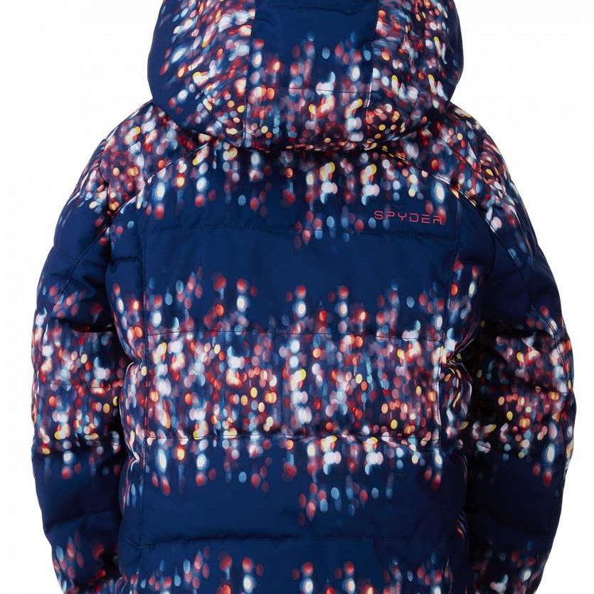 Spyder Girls Zadie Synthetic Down Jacket 2023 - A navy blue jacket with a multicolored abstract pattern of red, white, and yellow dots.