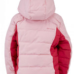 Spyder Girls Zadie Synthetic Down Jacket 2023 - A pink down jacket with a hood, featuring a white logo on the left chest and a zipper closure.
