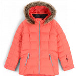 Spyder Girls Zadie Synthetic Down Jacket 2023 - A coral-colored down jacket with a fur-lined hood and silver zippers.