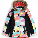 Spyder Girls Zadie Synthetic Down Jacket 2023 - A pastel-colored, abstract-patterned jacket with a fur-lined hood and silver zipper.