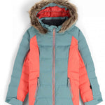 Spyder Girls Zadie Synthetic Down Jacket 2023 - A light blue down jacket with a fur-lined hood and two zippered pockets on either side.