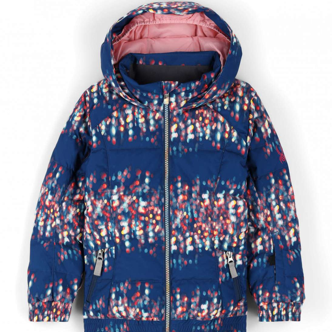 Spyder Girls Zadie Synthetic Down Jacket 2023 - A navy blue jacket with a multicolored abstract pattern of red, white, and yellow dots.