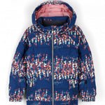 Spyder Girls Zadie Synthetic Down Jacket 2023 - A navy blue jacket with a multicolored abstract pattern of red, white, and yellow dots.