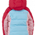 Spyder Girls Zadie Synthetic Down Jacket 2023 - A pastel blue down jacket with a hood, featuring pink accents on the sleeves and back.