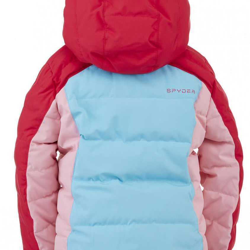 Spyder Girls Zadie Synthetic Down Jacket 2023 - A pastel blue down jacket with a hood, featuring pink accents on the sleeves and back.