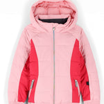 Spyder Girls Zadie Synthetic Down Jacket 2023 - A pink down jacket with a hood, featuring a zipper closure and two zippered pockets on either side.
