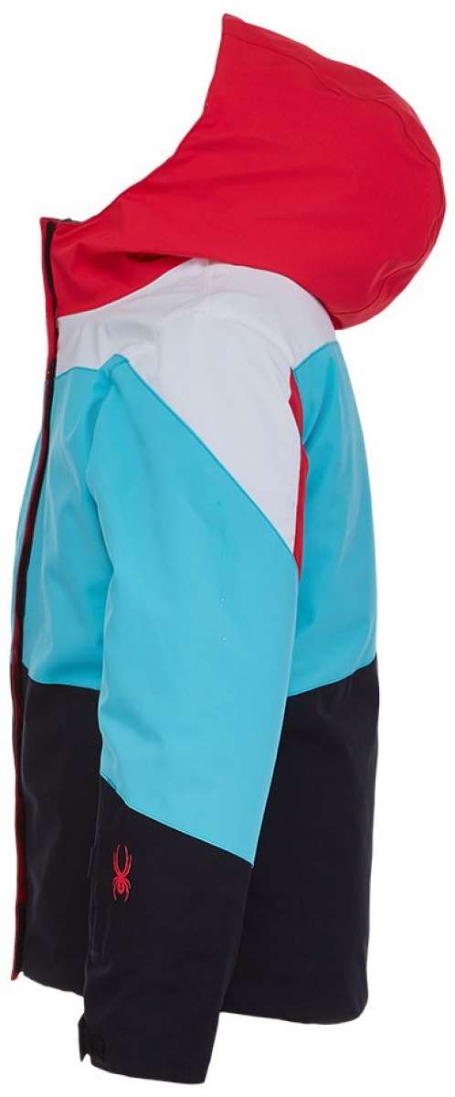 Spyder Girls Zoey Insulated Jacket - A light blue jacket with a white stripe on the left sleeve and red trim around the hood, zipper, and pockets.