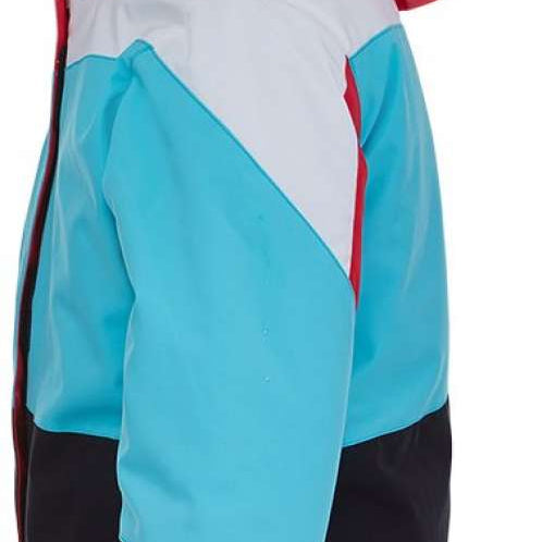 Spyder Girls Zoey Insulated Jacket - A light blue jacket with a white stripe on the left sleeve and red trim around the hood, zipper, and pockets.