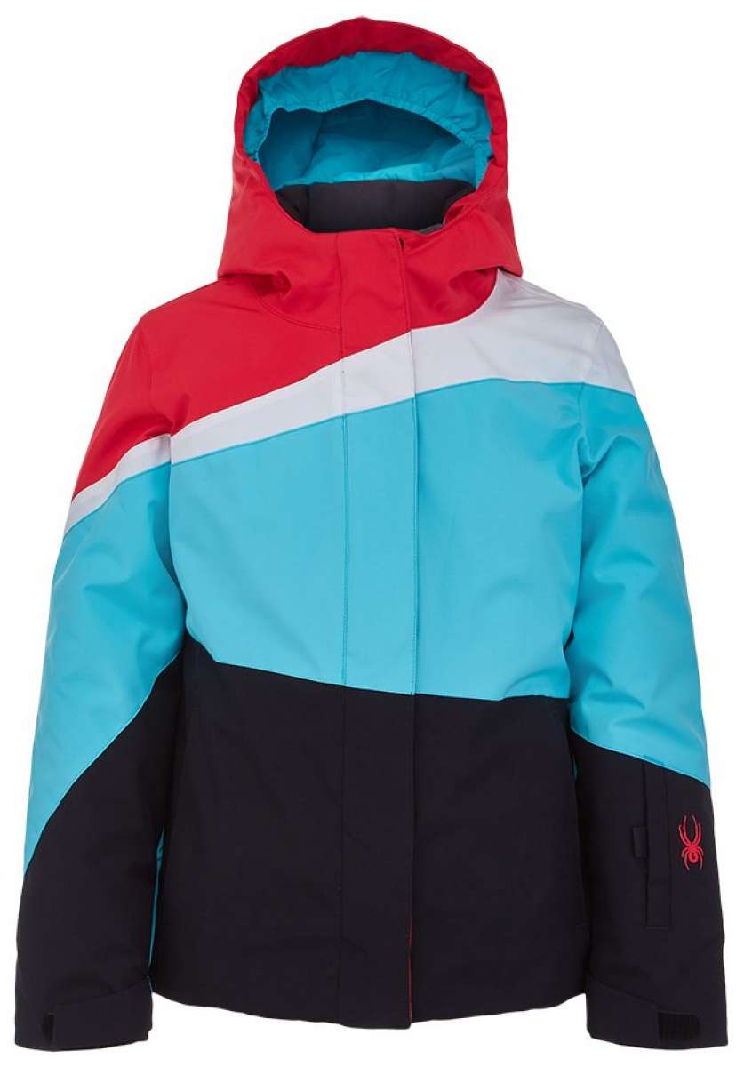Spyder Girls Zoey Insulated Jacket 2022 - A red, white, and light blue jacket with a hood.