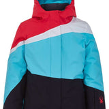 Spyder Girls Zoey Insulated Jacket 2022 - A red, white, and light blue jacket with a hood.