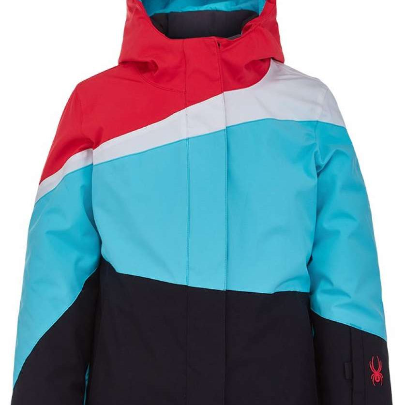 Spyder Girls Zoey Insulated Jacket 2022 - A red, white, and light blue jacket with a hood.