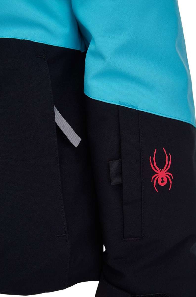 Spyder Girls Zoey Insulated Jacket 2022 - A black jacket with a light blue stripe across the chest and down the sleeves.