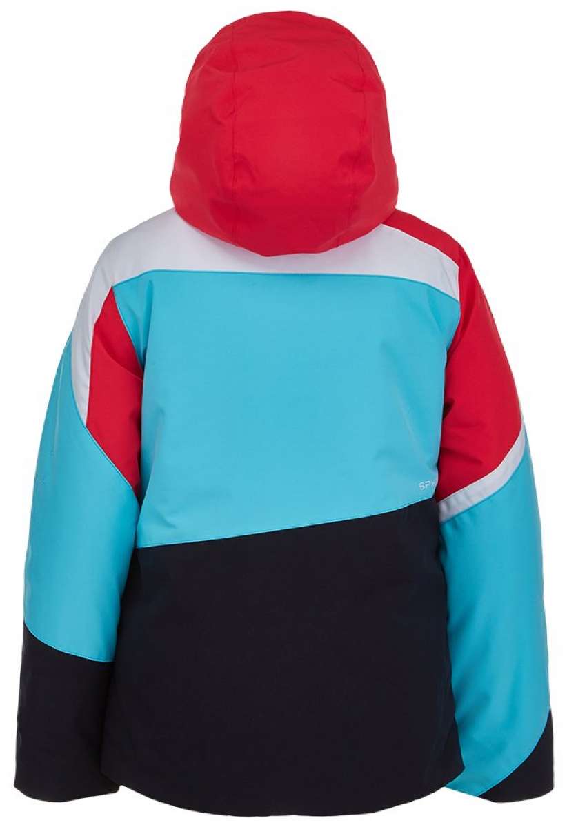 Spyder Girls Zoey Insulated Jacket 2022 - A light blue jacket with a white stripe across the chest and red accents on the shoulders, hood, and sleeves.