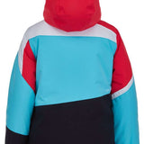 Spyder Girls Zoey Insulated Jacket 2022 - A light blue jacket with a white stripe across the chest and red accents on the shoulders, hood, and sleeves.