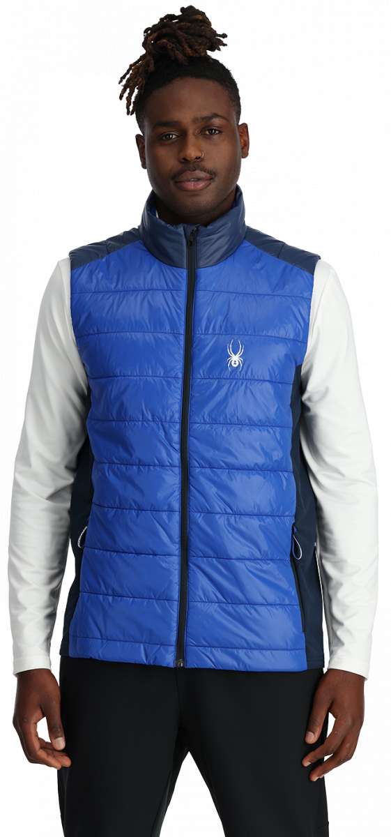 Spyder Glissade Full Zip Insulated Vest 2024 - A royal blue vest with a high collar and zip closure, featuring a white spider logo on the left chest area.