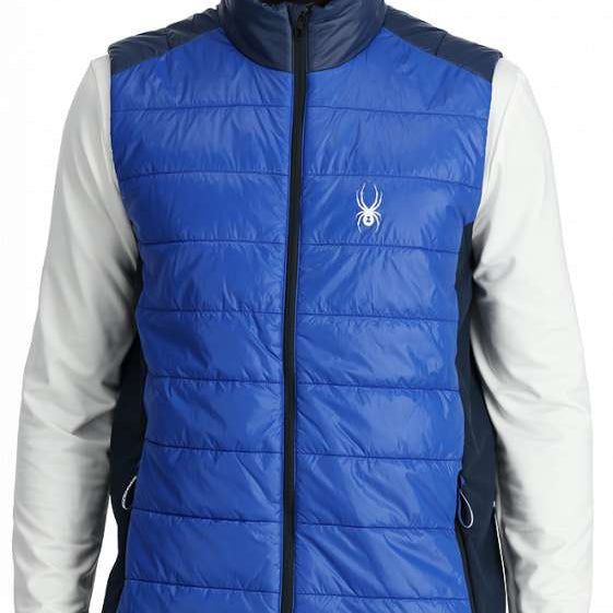 Spyder Glissade Full Zip Insulated Vest 2024 - A royal blue vest with a high collar and zip closure, featuring a white spider logo on the left chest area.