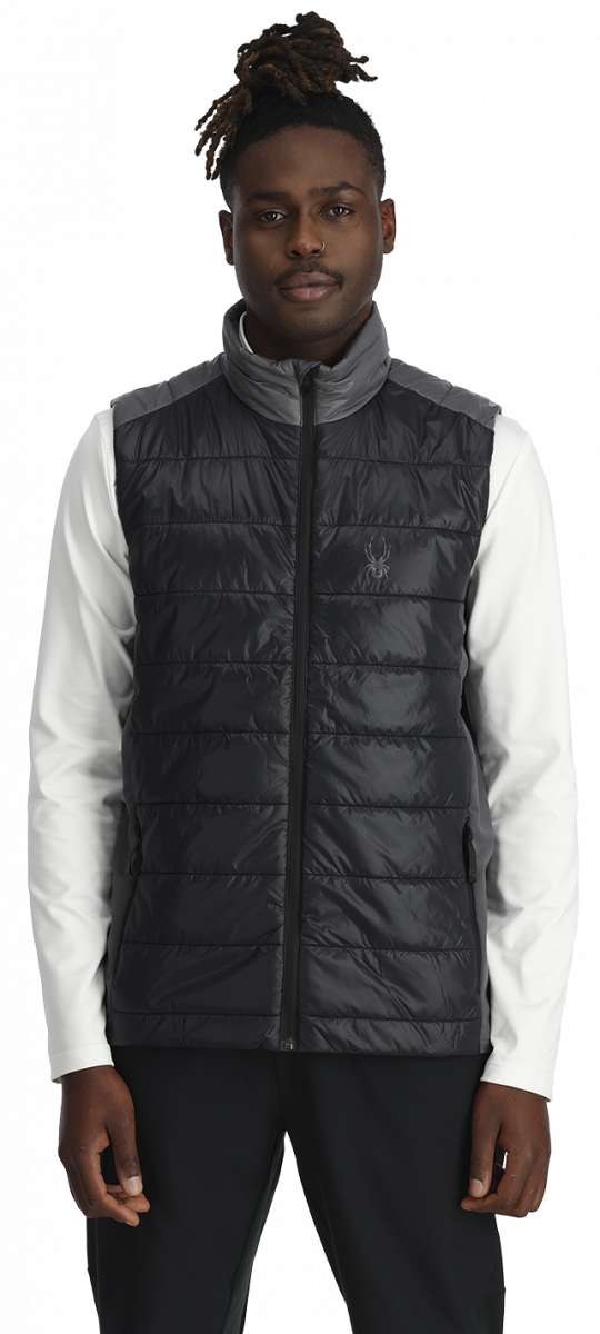 Spyder Glissade Full Zip Insulated Vest 2024 - A black vest with a zip closure and an embroidered logo on the left chest.