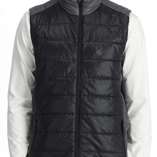 Spyder Glissade Full Zip Insulated Vest 2024 - A black vest with a zip closure and an embroidered logo on the left chest.