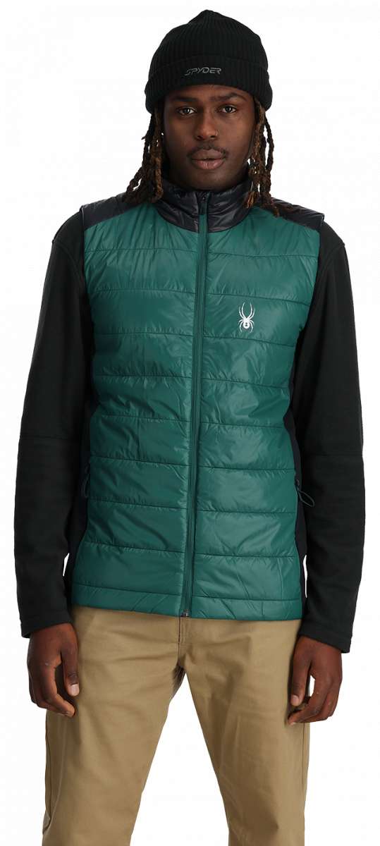 Spyder Glissade Full Zip Insulated Vest 2024 - A black vest with a white logo on the left chest and silver zipper.