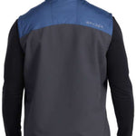 Spyder Glissade Hybrid Insulated Vest 2023 - A blue and grey vest with a high collar, worn by a model over a black long-sleeved shirt.
