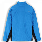 Spyder Glissade Hybrid Jacket 2023 - A blue jacket with a high collar and zippered chest pocket, featuring a subtle pattern of diagonal stripes on the upper back.