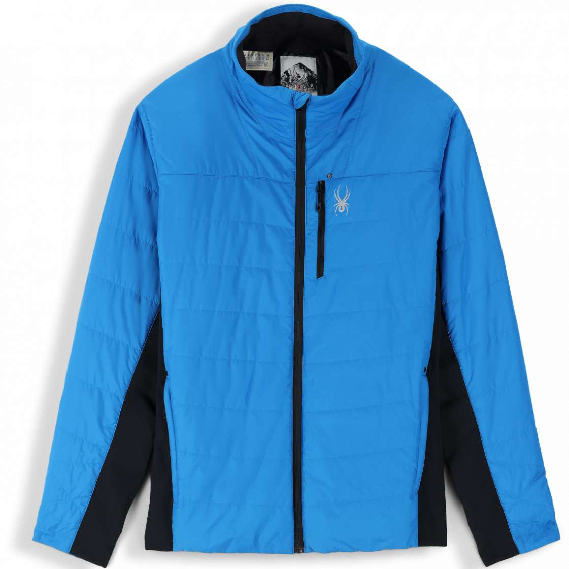 Spyder Glissade Hybrid Jacket 2023 - A blue jacket with a white logo on the left chest and black accents down the sides.