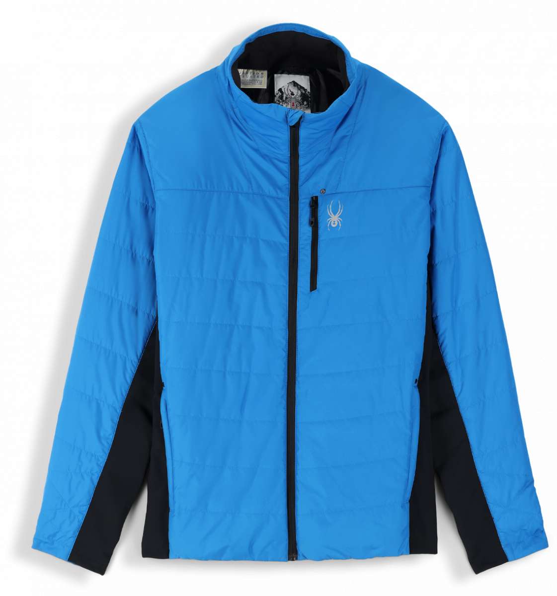 Spyder Glissade Hybrid Jacket 2023 - A blue jacket with a white logo on the left chest and black accents down the sides.