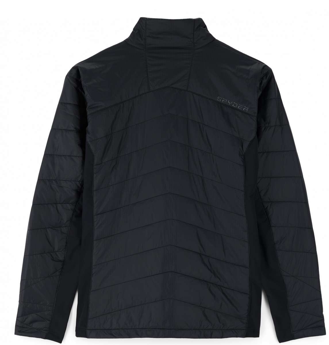 Spyder Glissade Hybrid Jacket 2023 - A black jacket with a high collar and diagonal quilted pattern on the back.