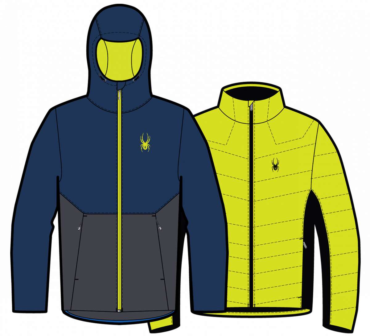 Spyder Grand 3-in-1 Insulated Jacket 2023 - A navy blue jacket with a yellow zipper and a small black spider logo on the left chest.