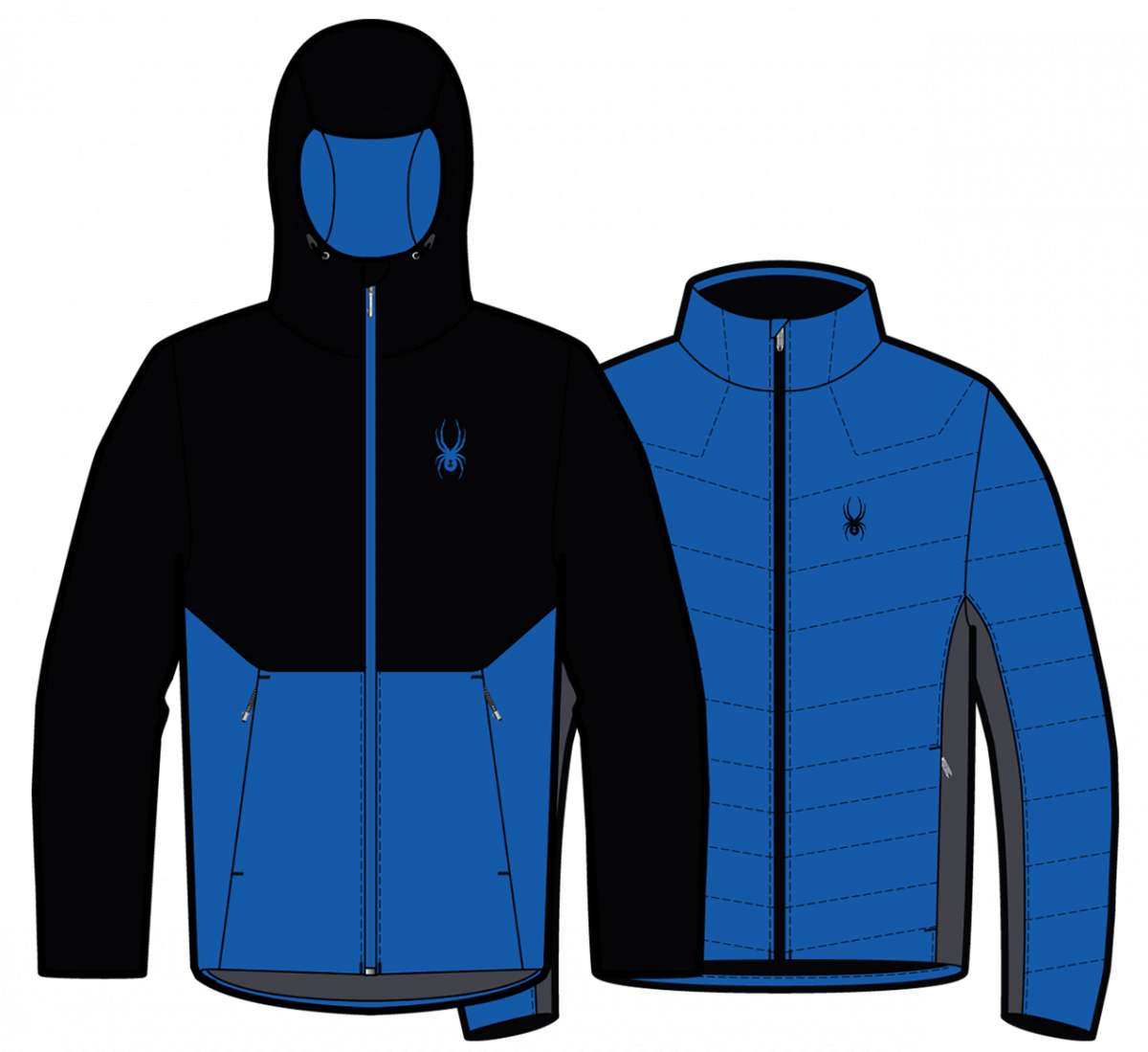 Spyder Grand 3-in-1 Insulated Jacket 2023 - A black jacket with a blue zipper and a small embroidered logo on the left chest.