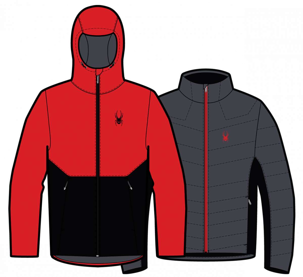 Spyder Grand 3-in-1 Insulated Jacket 2023 - A red and black jacket with a zipper down the front, featuring a hood and two zippered pockets on either side.