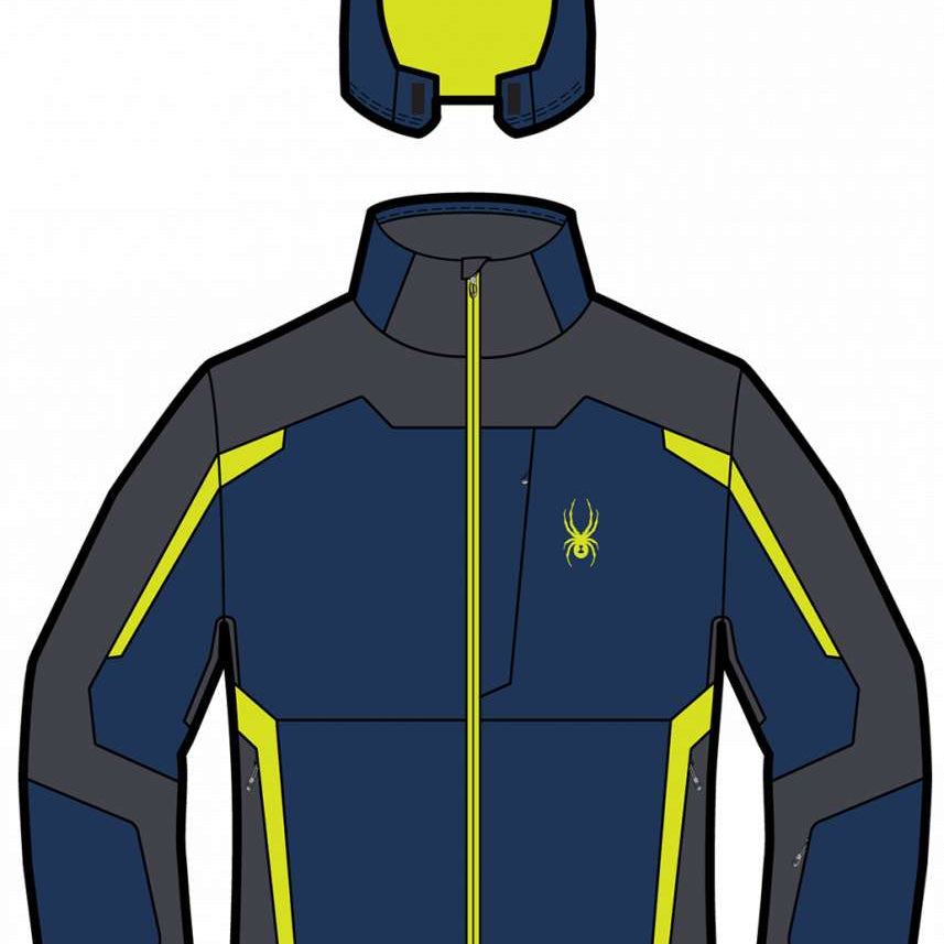 Spyder Guardian Insulated Jacket 2023 - A navy blue jacket with a yellow zipper and accents on the shoulders, elbows, and wrists.