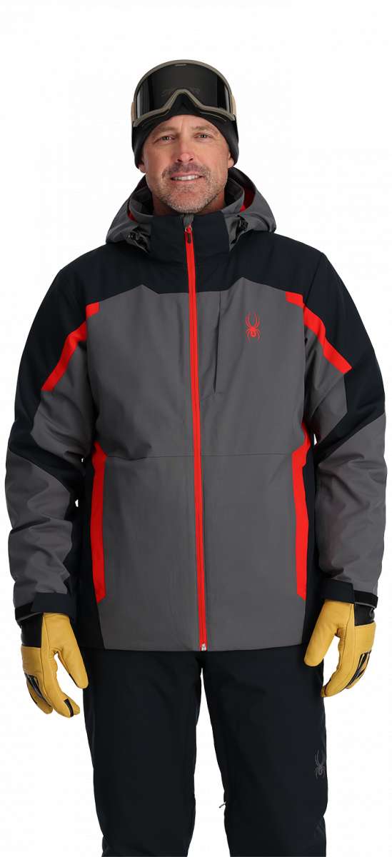 Spyder Guardian Insulated Jacket 2024 - A black jacket with red accents and a hood, featuring a zipper down the front.