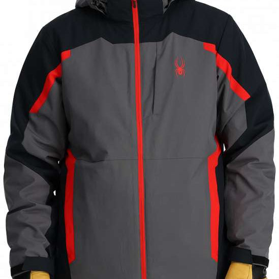 Spyder Guardian Insulated Jacket 2024 - A black jacket with red accents and a hood, featuring a zipper down the front.