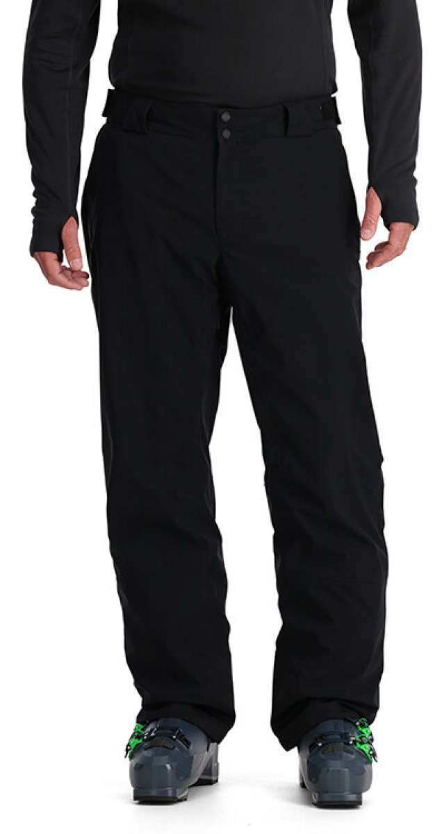 Spyder Hone GORE-TEX Shell Pant 2024 - Black pants with a subtle pattern of thin white lines on the left leg, and black hardware.