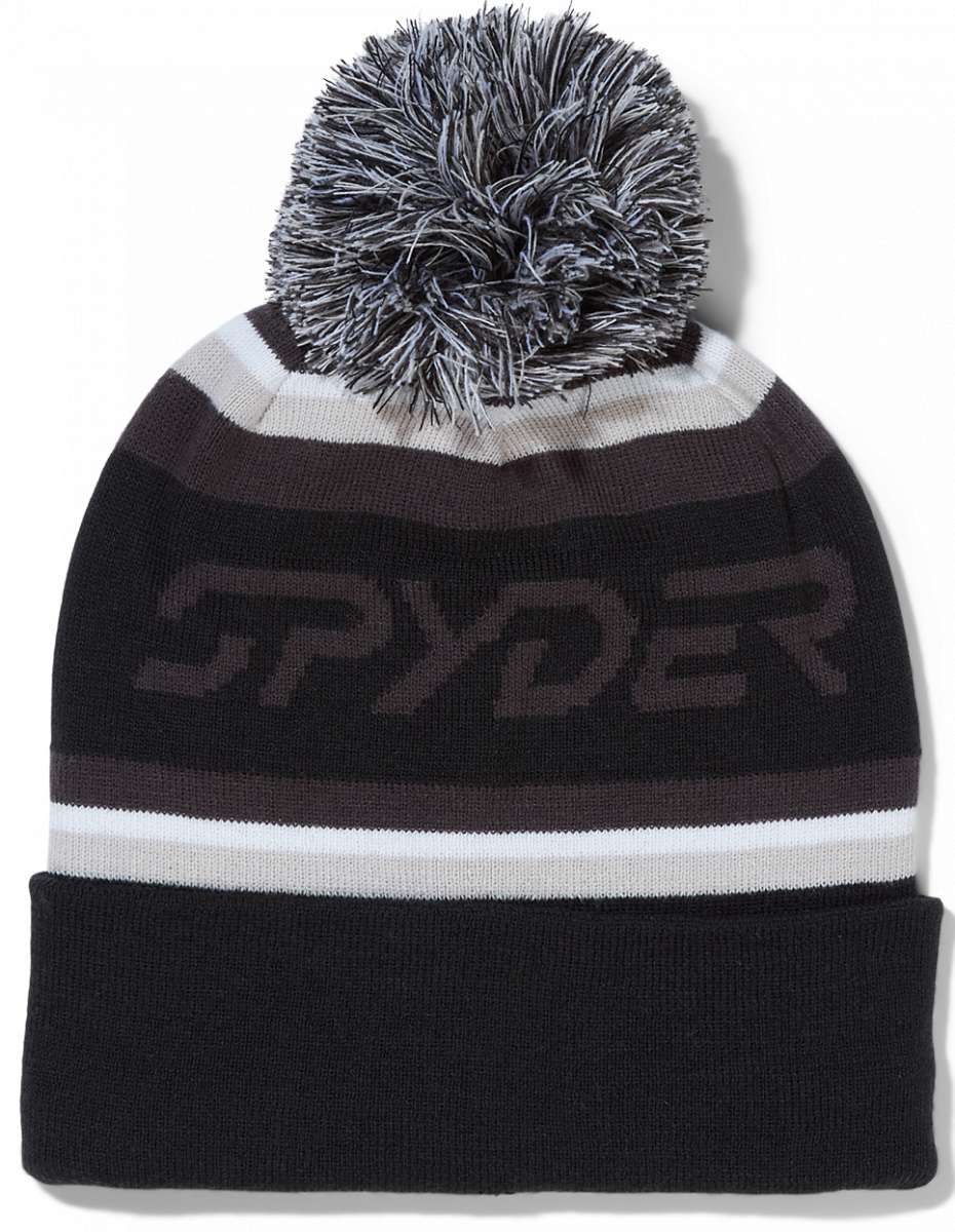 Spyder Icebox Hat 2024 - A black beanie with a white stripe and a gray pom-pom on top.