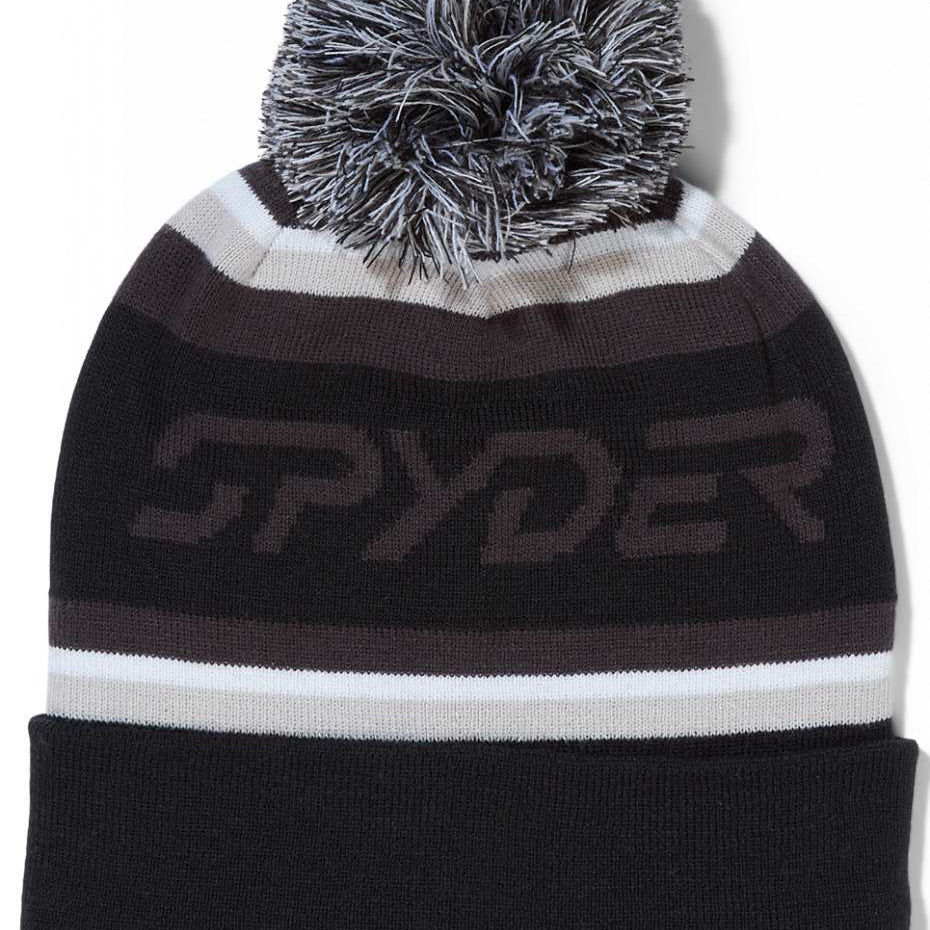 Spyder Icebox Hat 2024 - A black beanie with a white stripe and a gray pom-pom on top.