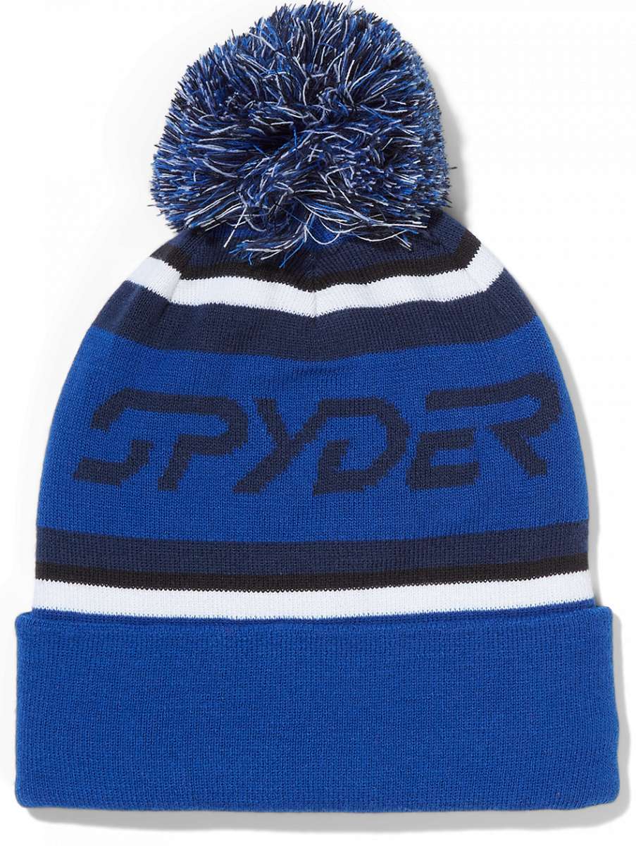 Spyder Icebox Hat 2024 - A royal blue knit beanie with a large, fluffy pom-pom on top.