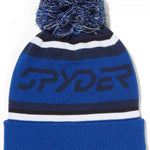 Spyder Icebox Hat 2024 - A royal blue knit beanie with a large, fluffy pom-pom on top.