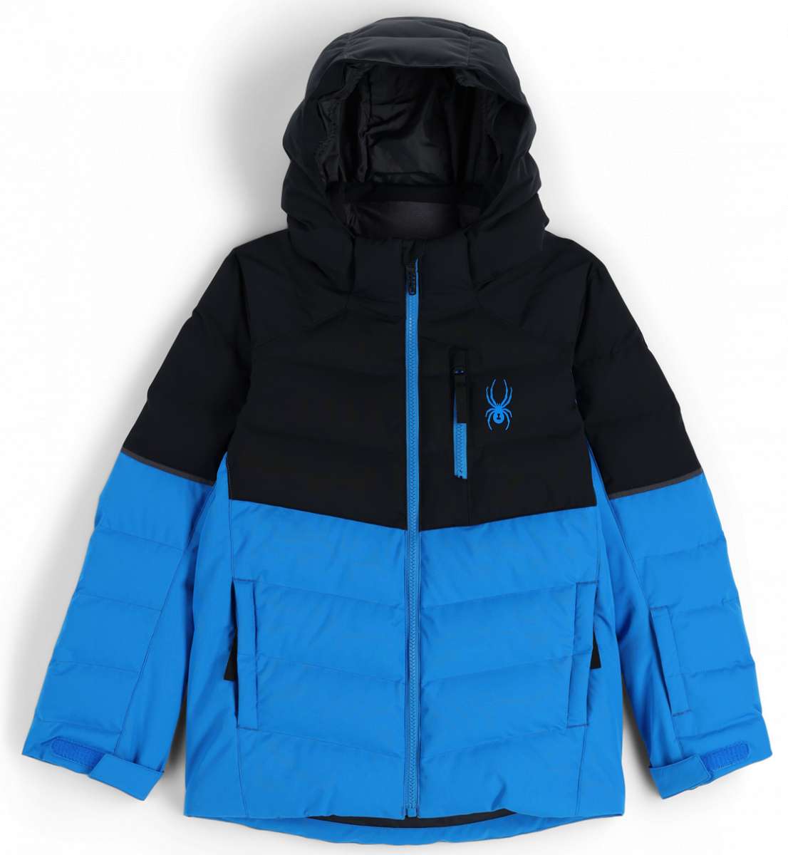 Spyder Junior's Impulse Synthetic Down Jacket 2023 - A black and blue jacket with a spider logo on the left chest area.