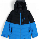 Spyder Junior's Impulse Synthetic Down Jacket 2023 - A black and blue jacket with a spider logo on the left chest area.