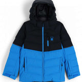 Spyder Junior's Impulse Synthetic Down Jacket 2023 - A black and blue jacket with a spider logo on the left chest area.