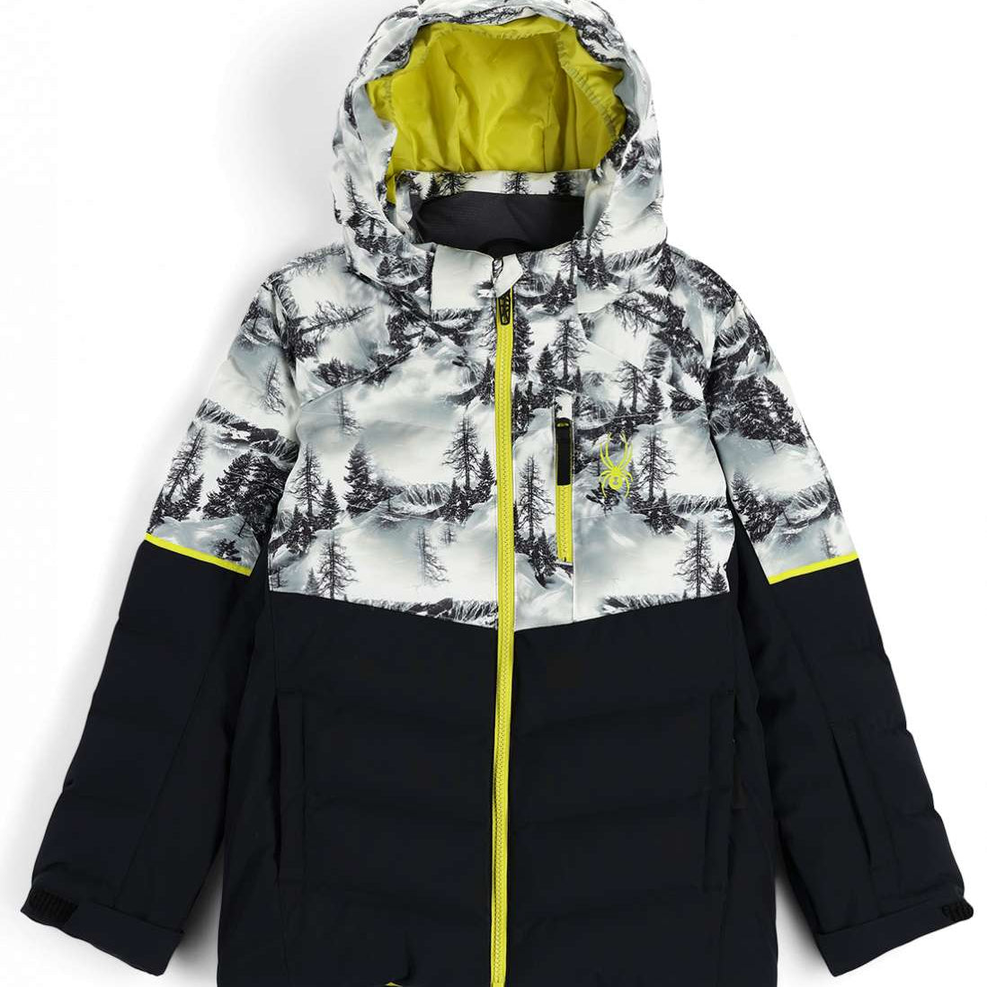Spyder Junior's Impulse Synthetic Down Jacket 2023 - A black and white snowboard jacket with a forest pattern, featuring a yellow zipper and a hood.