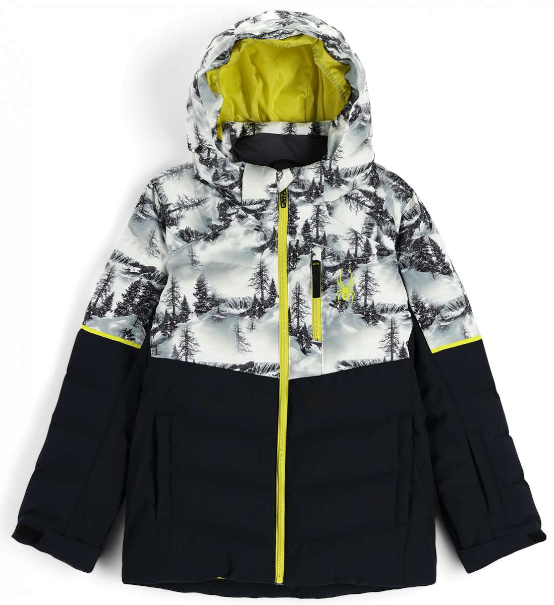 Spyder Junior's Impulse Synthetic Down Jacket 2023 - A black and white snowboard jacket with a forest pattern, featuring a yellow zipper and a hood.